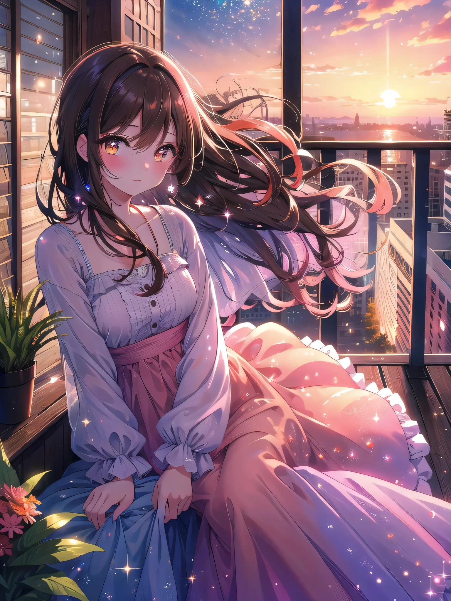 ((8k, Highest quality, masterpiece: 1.3)),Ultra-high resolution,(1 girl, alone), (Color changing eyes, Ultra-detailed, Expressive brilliance, Glitter, Glowing Eyes), Highly detailed eyes, Highly detailed face, Random Hair, ((pastel colour))The woman, with long, straight black hair cascading down her back, is sitting on the balcony, facing the sunset with her partner. She’s dressed in a comfortable, loose-fitting summer dress, her expression thoughtful as she listens to her partner talk. Her brown eyes are gentle and warm, occasionally glancing at the camera with a soft, content smile. The balcony is adorned with potted plants, and the sky is painted with hues of orange and pink, creating a serene and romantic evening atmosphere.

