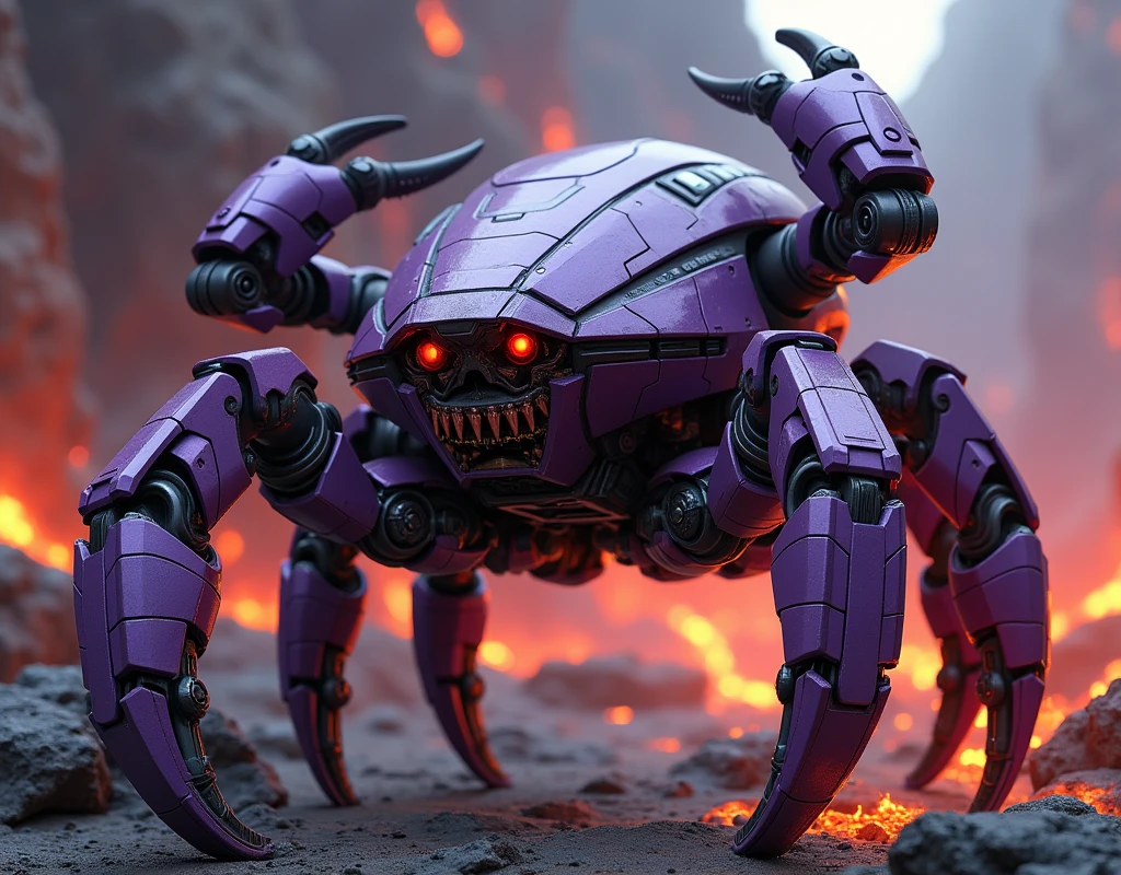 a highly detailed thin head hexagonal prism robot with crab-like legs, red eyes, sharp teeth, a purple crab-shaped body, floating and flying. claw hand. high tech design. hulkbuster body. mecha robot. big bazooka.bettle dame effect. tilt shitfed photografer. lave background.
