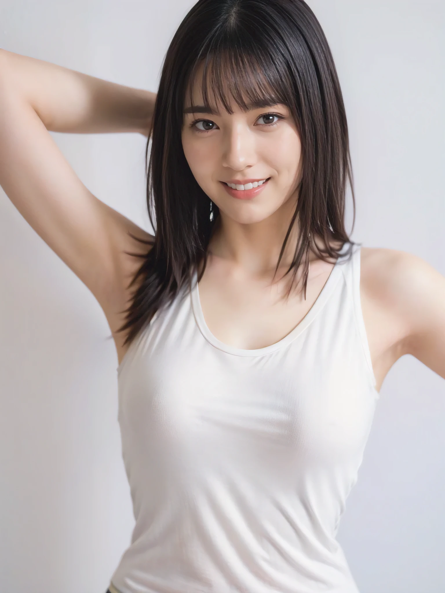 1girl, 25years old woman, (perfectly detailed face), (((Tank tops))), Small breasts, medium breasts, large breasts, cute face, beautiful face, ((looking at viewer)), Simple Background, ((white background)), ((white wallpaper)), White skin, (bright lighting:1.2), perfect lighting, armpits, Show one armpit, Smooth and beautiful armpits, smile, photorealistic, (bokeh), UHD, anatomically correct, highres, masterpiece