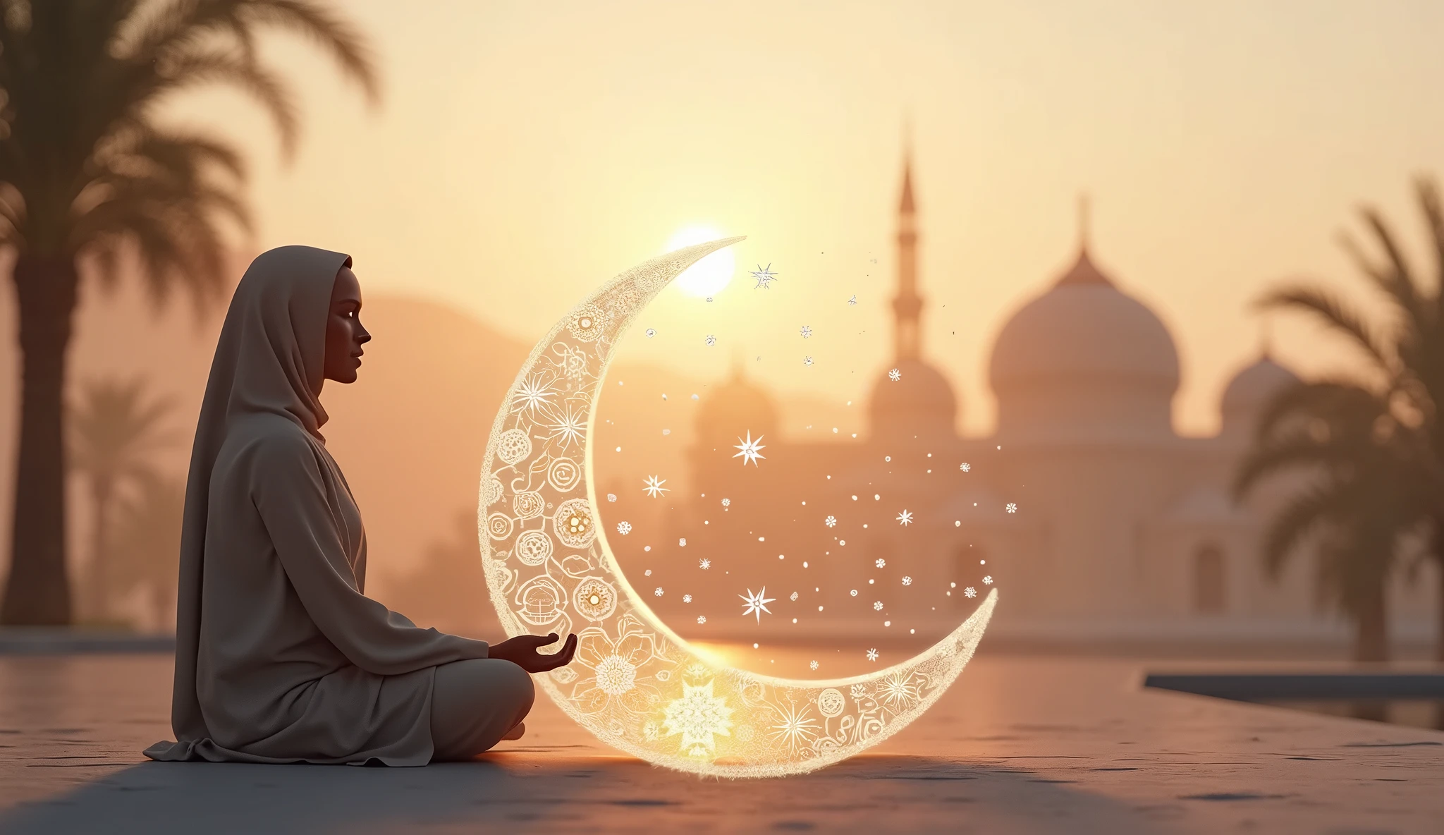 Of course! Here’s an alternative prompt for an Islamic-themed thumbnail:

---

**Prompt:**

**Background:** A tranquil scene, such as a serene desert landscape at dusk or a peaceful garden with subtle Islamic architectural elements in the background.

**Foreground:** A semi-transparent overlay featuring an Islamic symbol, like a crescent moon or a silhouette of a person in a contemplative pose.

**Text:** Clear, elegant text that reads "Emotional Nasheed" and "1 Hour Relaxation Music" with a style that complements the serene theme.

**Additional Elements:** Add a small "Royalty-Free" badge or icon, and include delicate Islamic patterns or calligraphy to enhance the cultural relevance.

---

This prompt should help create a visually appealing and culturally appropriate thumbnail.