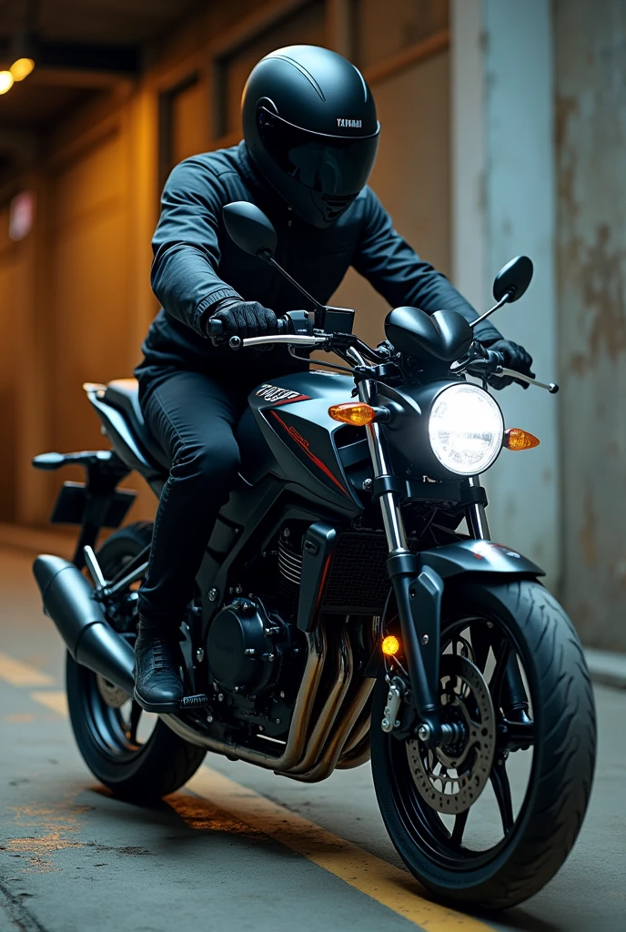 Photo réaliste Yamaha YBR 125 cc pilote avec casque noire fumi , la photo évoque la passion et la virilité
