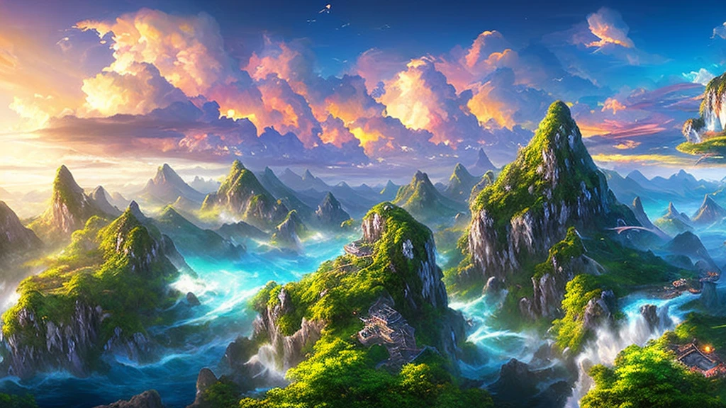 Artwork, top quality, better quality, flying islands, waterfalls cascading down from islands, fantasy worlds, spectacular panoramas, colorful clouds, flashy colors,