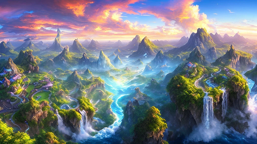Artwork, top quality, ter quality, flying islands, waterfalls cascading down from islands, fantasy worlds, spectacular panoramas, colorful clouds, flashy colors,
