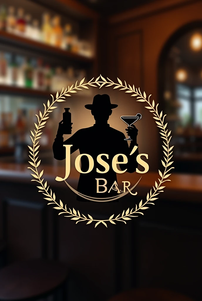 Logo Description:
Main Text: "Jose's Bar" in an elegant yet rustic font, that reflects the authenticity and warmth of a classic bar.
Central Element: An icon of a bartender in silhouette, with a shaker in one hand and a glass in the other, as if serving a cocktail.
colors: Predominantly dark tones such as black or dark brown, combined with touches of gold or silver to give it a sophisticated touch.
Additional Details: A circular border around the logo with a laurel leaf design or some other classic embellishment that frames the logo and gives it a distinguished look.
bottom: Transparent or a wooden background to add a cozy feel.