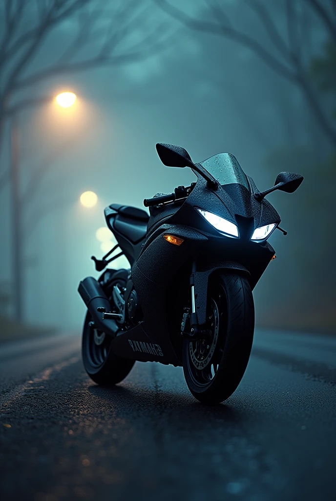 Modified yamaha R15 on road at night in fog