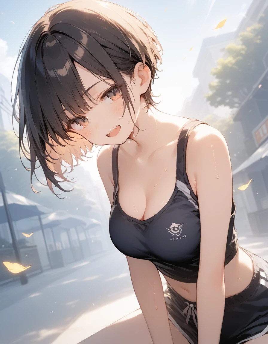 score_9, score_8_up, score_7_up, source_anime, best quality, masterpiece, official art, absurdres, highres, ultra-detailed,waifu2x,Collection: Slice of Life,break,1girl, short hair, pixie cut, 16yo, flipped hair, round breasts, beautiful (well-shaped) breasts,beautiful detailed eyes, sweat, gym shorts, (wavy mouth:0.3), open mouth, outdoors, (Detailed Lighting), (Detailed background),break,(clear line illustration:1.2), super detailed skin,very high resolution, very aesthetic, Best sexual lighting powered by famous artist, 8k, 16k, cute picture,beauty illustration,photoshop_(medium),,(Detailed Lighting),best anime 8k konachan wallpaper, pixiv contest winner,
