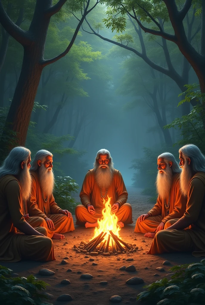 All bramhana pandits may be five or six members with long hair and white beard persons sat on floor in middle of forest and they did a yagam with wooden fire small width
