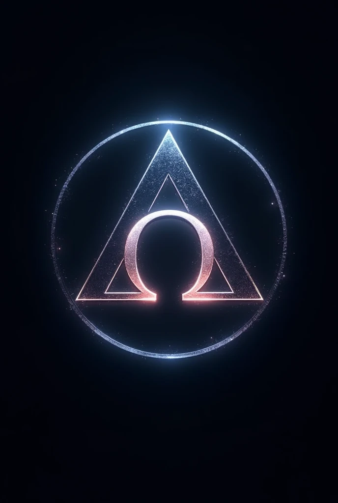create a logo with an omega symbol inside a triangle that is inside a circle. The appearance of the omega symbol is of a shining appearance