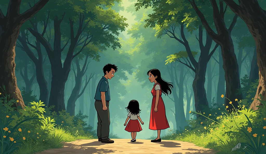 parents fighting with their daughter,a daughter being scolded by her parents,studio ghibli art style,studio ghibli,studio ghibli