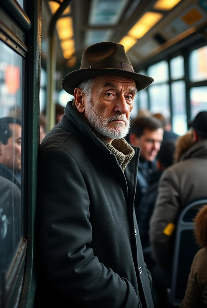 D'accord, voici un prompt que t
"Une photo montre un vieux monsieur debout dans un bus bondé qui parle a gens présents dans le bus .He wears a dark coat and a worn hat., with deep wrinkles marking his face. Le bus est rempli de passagers divers, but he seems isolated in his seat.tout Les gens autour de lui les regards