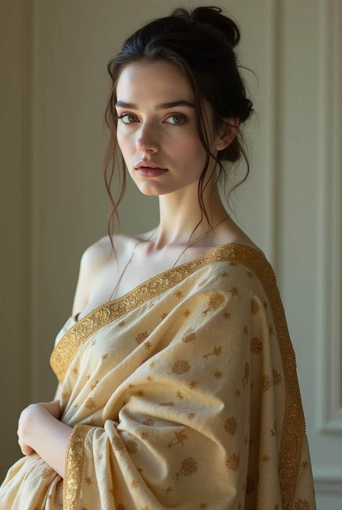Anna hathaway with pale skin, white skin, no lose hair, pinned hair, wearing saree, low quality, poor quality, hourglass body, showing hips and navel