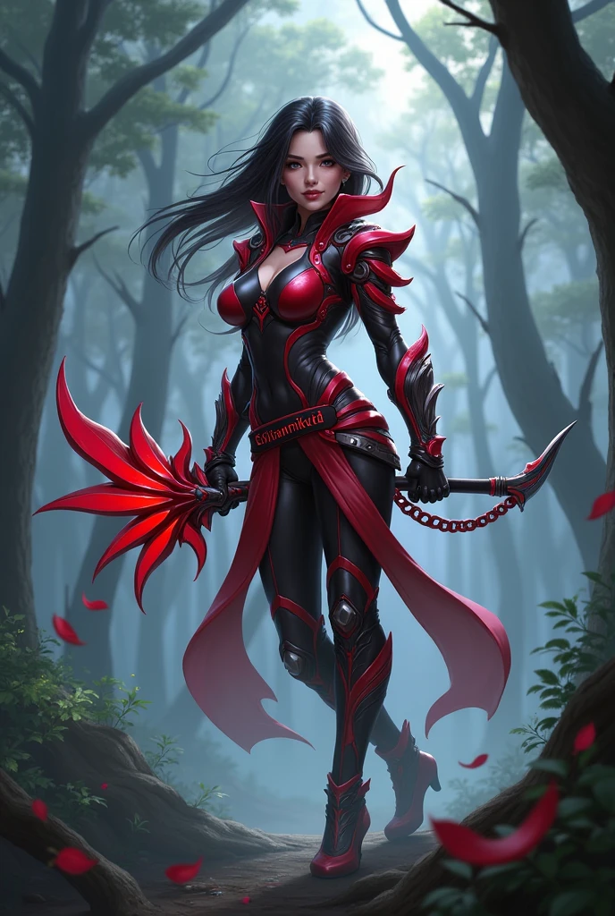 Generate a picture of hanabi in mobile legends bang bang.hanabi is a ninja women
Weapon:heganbana form Japan and known in English as red spider lily or equinox flower.
Outfit: red and black cybord body with very clear and not hidden print of "SHIKAMIKUTA".
Background:more realistic in war forest.