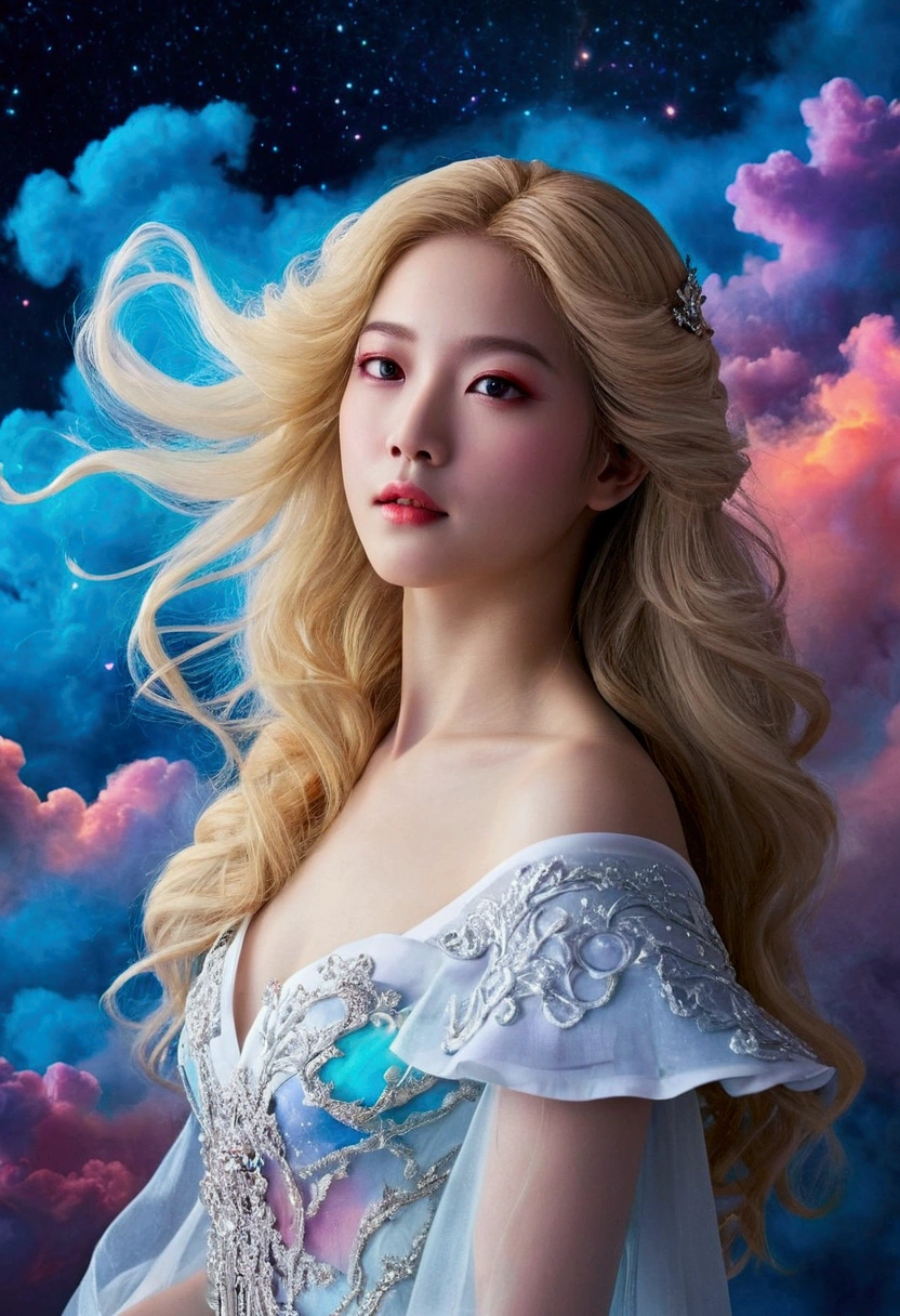 Calming color palette,Brings a sense of peace and tranquility,A solemn and sacred existence, Filling the entire universe,Magical atmosphere,(Refined and elegant, space ,   Against a bright colored mist background,  Art, boudoir, Water-based ink, Paint and water, Painted Clouds, Light mist, The image of a woman can be traced back, Double contact,  Incredibly elegant,(Light:1.1),(Immortal God:1.2),Tian En, Mysterious costumes,Calm expression,Long blonde hair fluttering,(flickering eyes:1.1),(Otherworldly beauty:1.1),Magnificent Heaven,Divine love and mercy,Colorful nebulae dance in the background,Glowing particles of stardust float around her,fireактики кружатся вокруг нее, As her divine power continued to grow,Infinite space, Beyond the horizon,A touch of magic(A flash of magic:1.1),Cosmic rays bathe the scene，Radiating heavenly light,(Bright hues:1.1),(Cosmic Colors:1.1),detail:1.1),Fine brushstrokes, Creating complex patterns,(Otherworldly wind blowing:1.1),(Wonderful brushstrokes:1.1),A highly detailed visualization of her celestial features,Subtle Gradient, Increase the depth of the image,Elaborate textures, Give it life,Perfectly lifelike images,(Impressive definition:1.1),(Amazing realism:1.1),无可挑剔的detail关注, Because every hair is clearly visible,(Flawless beauty, space , Against a bright colored mist background, Art, boudoir, Water-based ink, Paint and water, Painted Clouds, Light mist, The image of a woman can be traced back, Double contact, Incredibly elegant,(Light:1.1),(Immortal God:1.2),Tian En,Mysterious costumes,Calm expression,Long blonde hair fluttering,(flickering eyes:1.1),(Otherworldly beauty:1.1),Magnificent Heaven,Divine love and mercy,Colorful nebulae dance in the background,Glowing particles of stardust float around her,fire