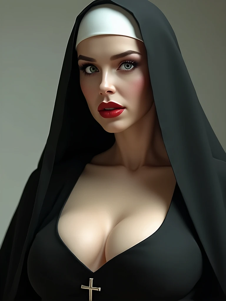 Lucy Pinder, face portrait, ((Very Intense Makeup)), ((brilliant Lipstick)), smiling, long hair, brown hair, the nun, voluptuous woman, neckline, BACK, beautiful buttocks, ((voluptuous woman))