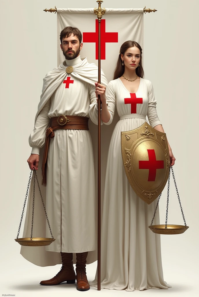 Male and female version of neutrality with white red and gold
Both of them are protector one with a banner with the red cross and the other a shield inspired by the red cross
Add the shield and a weighing scale ⚖️
