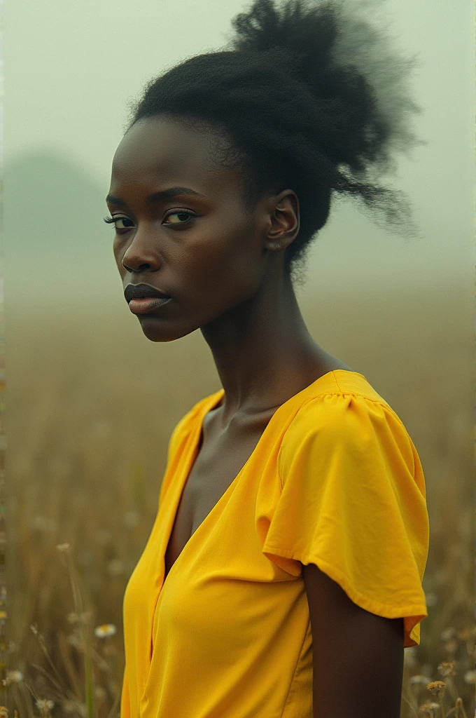 Distorted image of an African woman wearing a yellow dress 