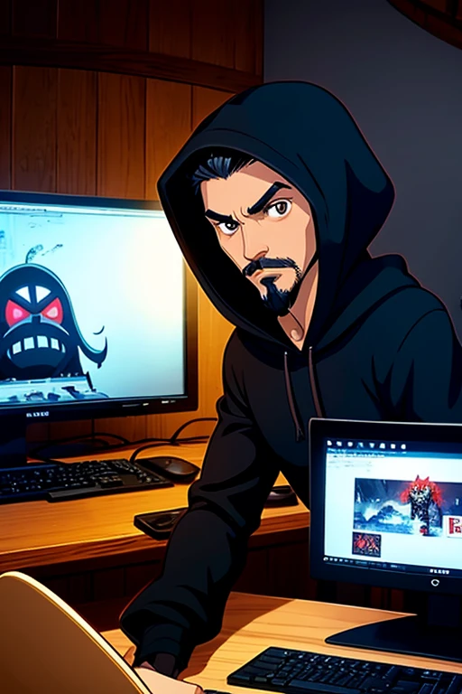 a hooded boy with black hair, mustache and goatee, brown eyes, in front of the gamer computer a monster behind, art cartoon, anime graphic, dark place