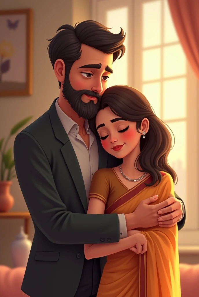 a mature man with a beard, dressed in a suit, standing behind a woman who is wearing a saree and blouse. The woman leans on his chest and hugging him while the man, with a mature and confident expression, gently embraces her from behind. The man’s appearance is distinctly mature, avoiding any childish or boyish traits. The scene captures an intimate, warm moment with soft lighting and pastel tones. The background is softly blurred, emphasizing the cozy and romantic atmosphere with a realistic yet charming cartoon style."