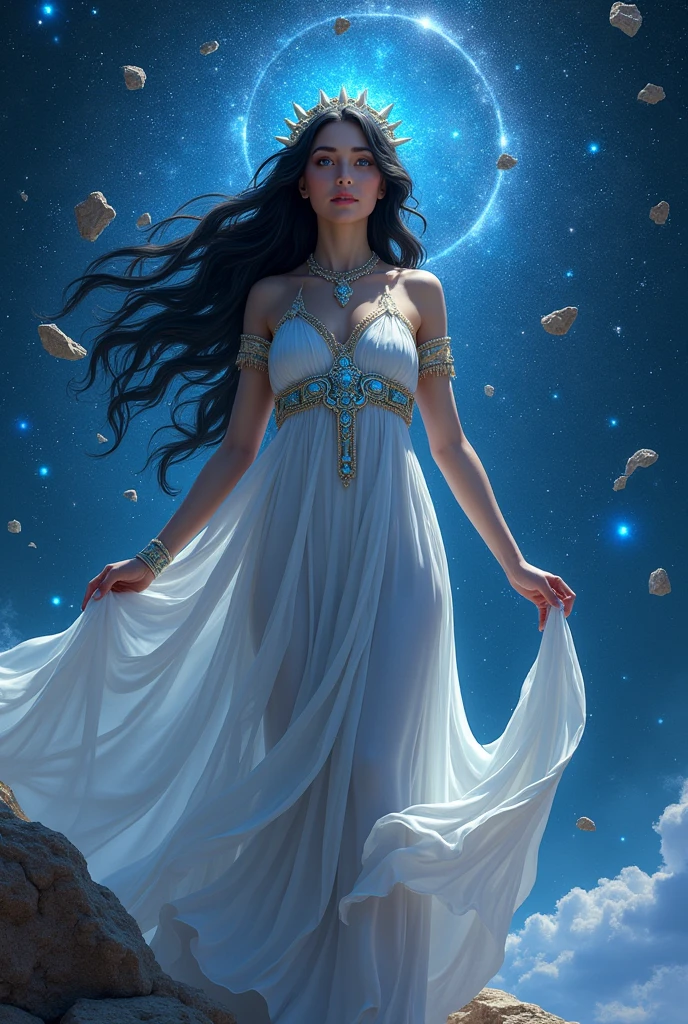 The Greek goddess, with dark hair and blue eyes, exuding unparalleled beauty and grace. She has a celestial aura, with hair as dark as the night sky and eyes that sparkle like stars. Her attire is elegant, adorned with elements that reflect her dominion over space rocks. She stands in a majestic pose, surrounded by a cosmic backdrop with stars and celestial bodies. Have a 12 small rocks orbiting her