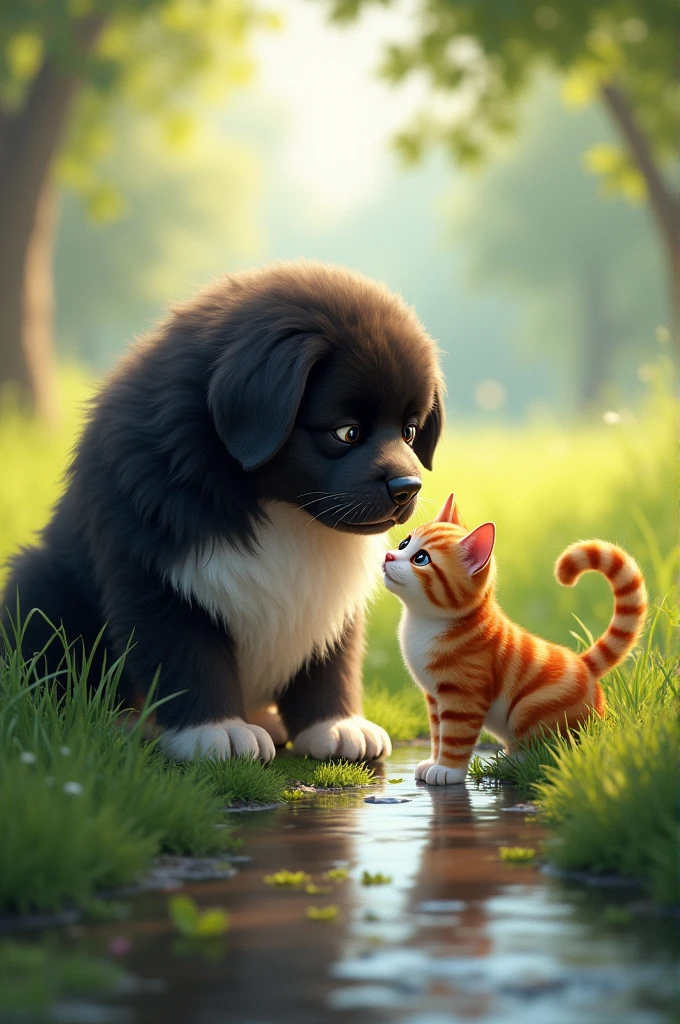 A Newfoundland dog and a tabby cat