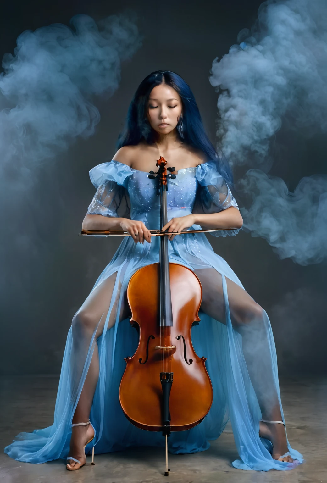 a woman, sitting, playing a cello, cello between her legs, holding a bow. blue dress, dress is partly opaque. mixed race Korean-Nigerian woman, fantasy scene, smoke, mist. portrait shot, woman is playing the cello. deep in thought, calm, serene. high quality fantasy stock photo