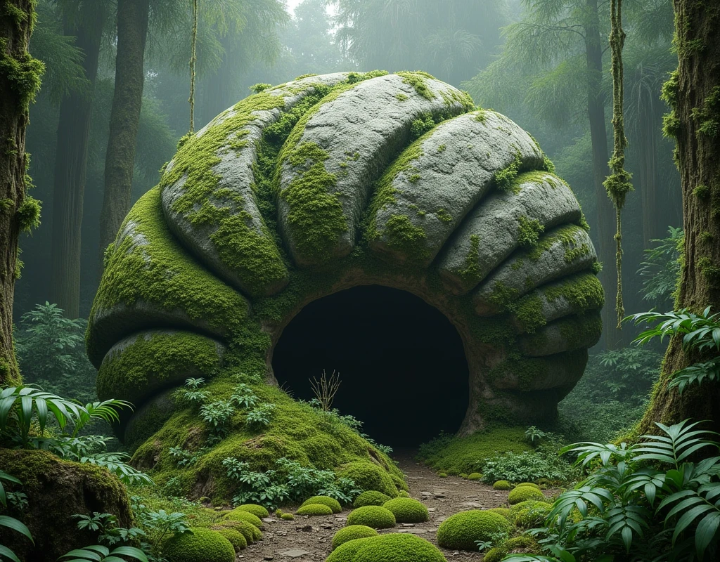 a highly detailed moss green on. stone cockle giant ..in jungle.