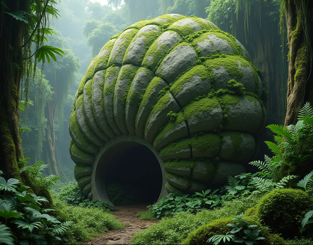 a highly detailed moss green on. stone cockle giant ..in jungle.
