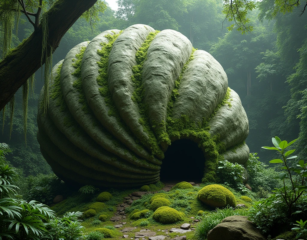 a highly detailed moss green on. stone cockle giant ..in jungle.
