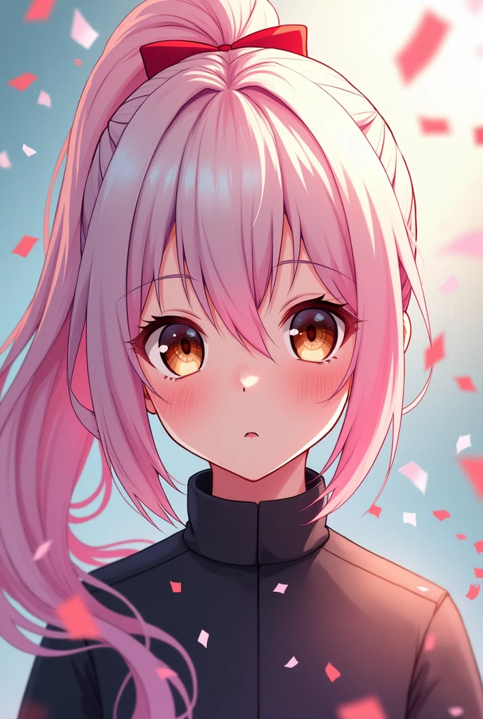 jujutsukaisen female girl with a long pink gradient white ponytail hair and beutiful round amber eyes in a background full of confetti