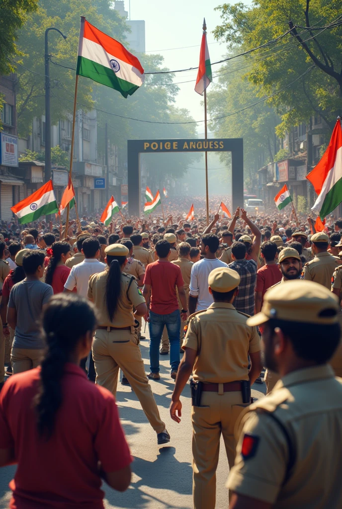 Group of indian people protest against crime near police station, police barricade them