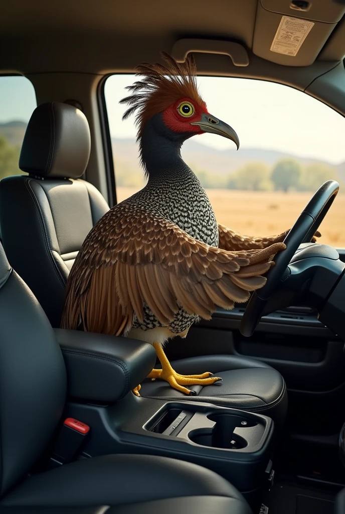Make a Brazilian partridge (rhynchotus rufescens ) driving with the wings a black RAM 3500 the partridge driving with the wings the partridge INSIDE THE CAR perfectly and with the WINGS HOLDING THE STEERING WHEEL NOT THE LEGS and LEAVE THE HEAD BROWN and PUT( THE WINGS HOLDING THE STEERING WHEEL) WINGS HOLDING THE STEERING WHEEL AND THE PARTRIDGE IS DRIVING put bigger feathers on the WINGS HOLDING THE STEERING WHEEL grow the beak