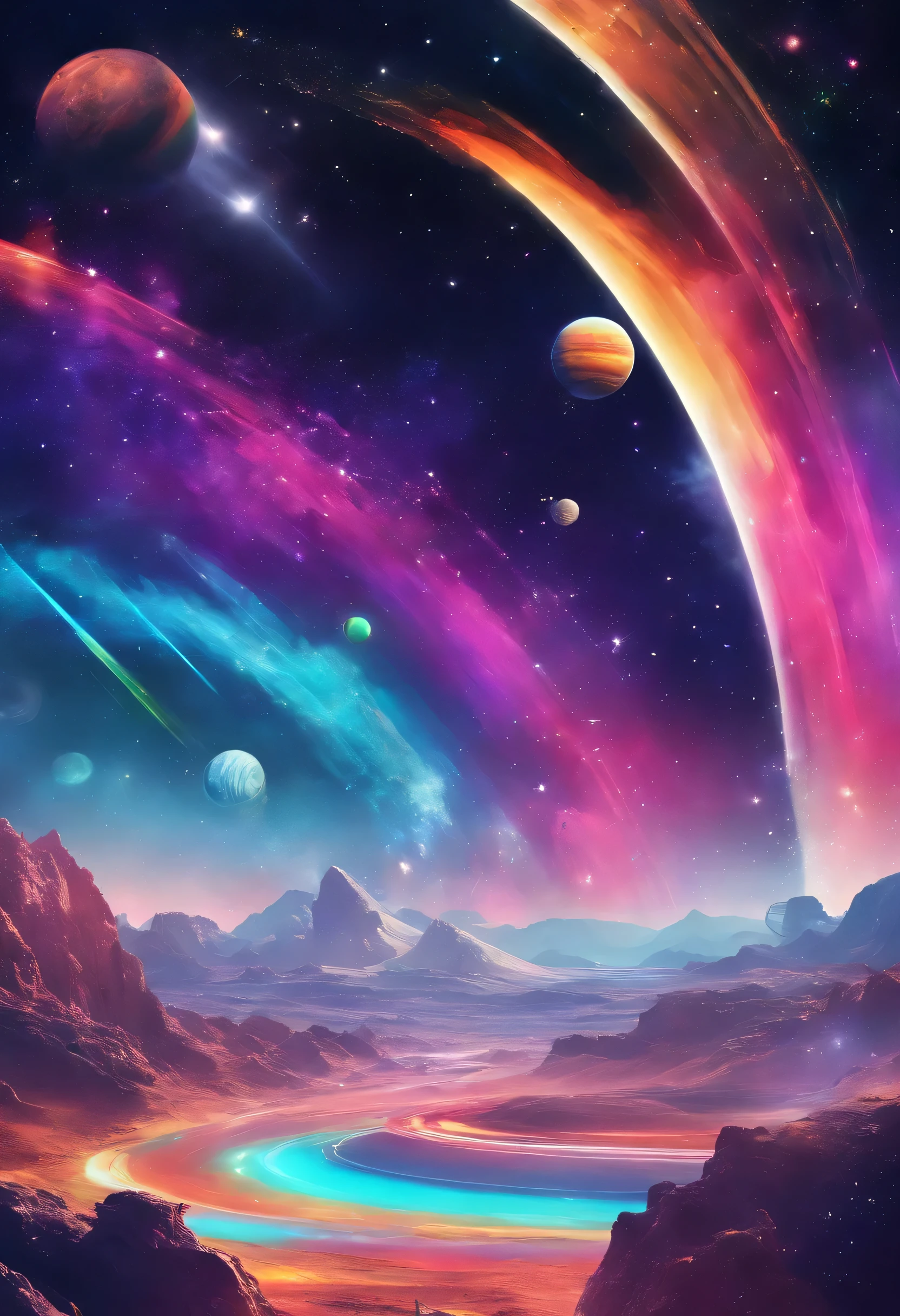 phantastic landscape on a foreign planet, a bright rainbow and planets with rings in the sky