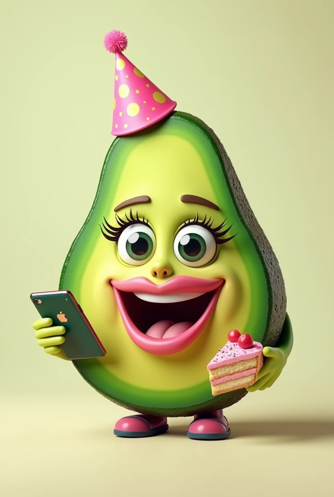 Half of an avocado with big beautiful pink lips and made up eyes with eyelashes talking on a cell phone with a cake in her hand and a party hat