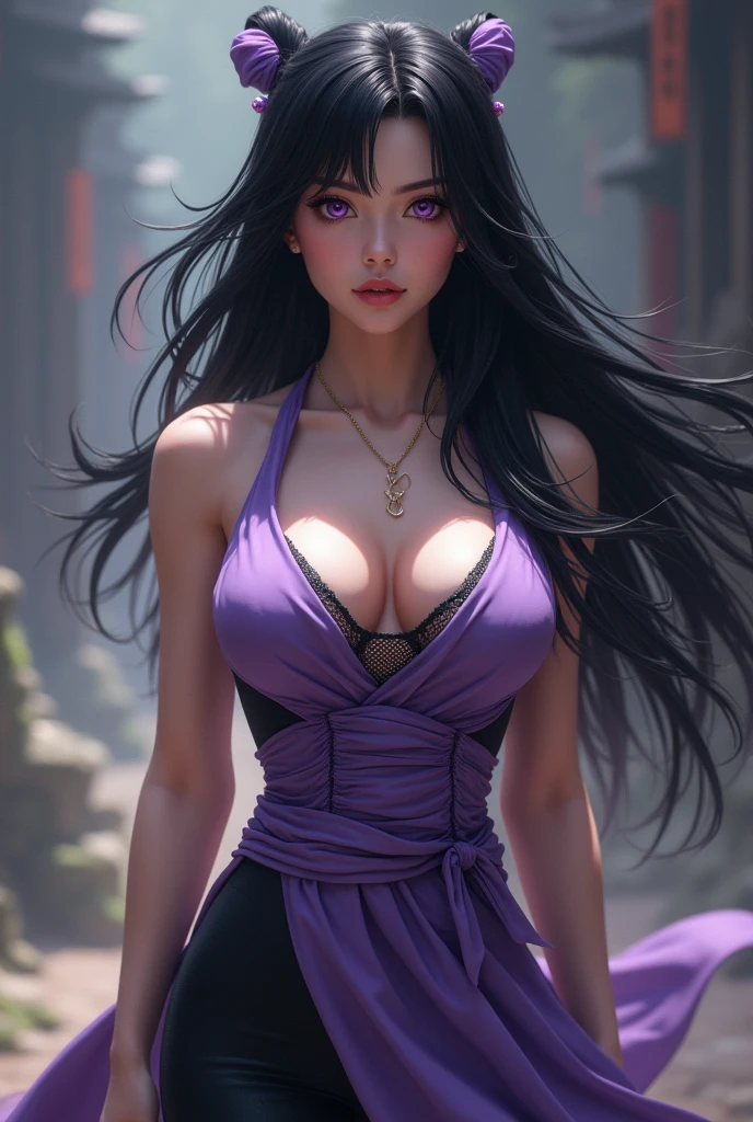 "Ultra HD 8K photograph of kunoichi has black hair and lavender eyes, dressed in a sleeveless lavender dress with a mesh shirt underneath and black mid-length leggings, emphasizing her narrow waist, long legs, voluptuous athletic figure and big boobs