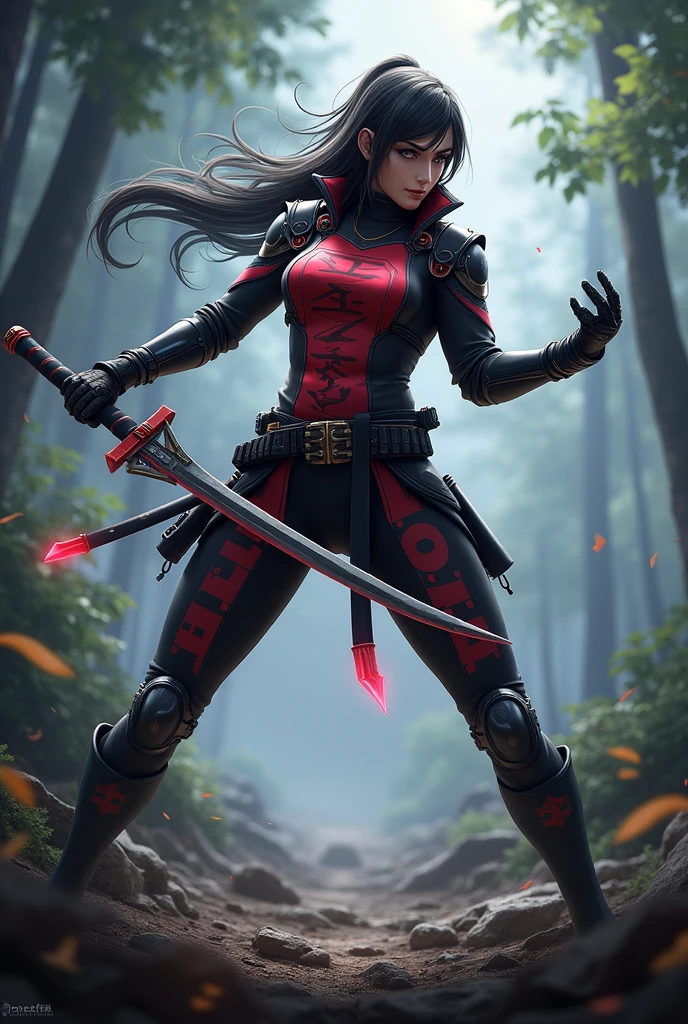 Generate a picture of hanabi in mobile legends bang bang.hanabi is a ninja women
Weapon:heganbana form Japan.
Outfit: red and black cybord body with very clear and not hidden print of "SHIKAMIKUTA".
Background:more realistic in war forest.