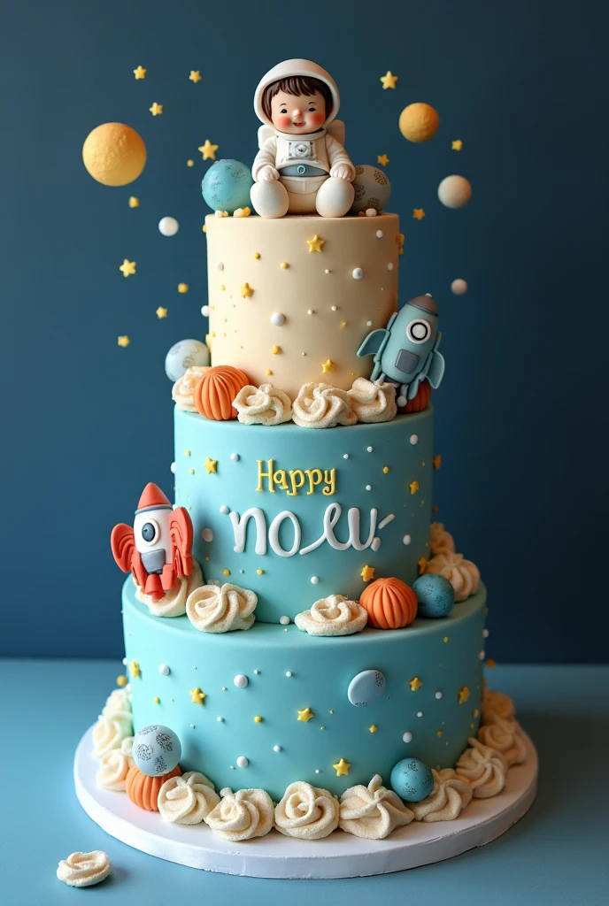 Three-tiered  shower cake for a boy with astronaut parents receiving an astronaut baby named Noah 