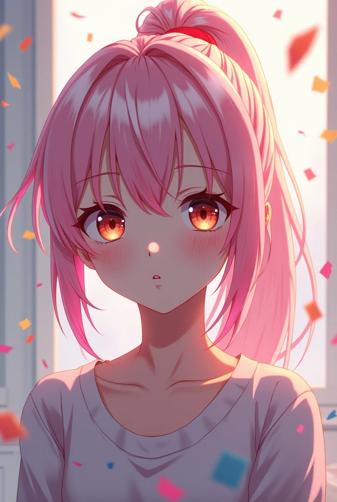 jujutsukaisen female girl with a long pink gradient white ponytail hair and beutiful round amber eyes in a background full of confetti