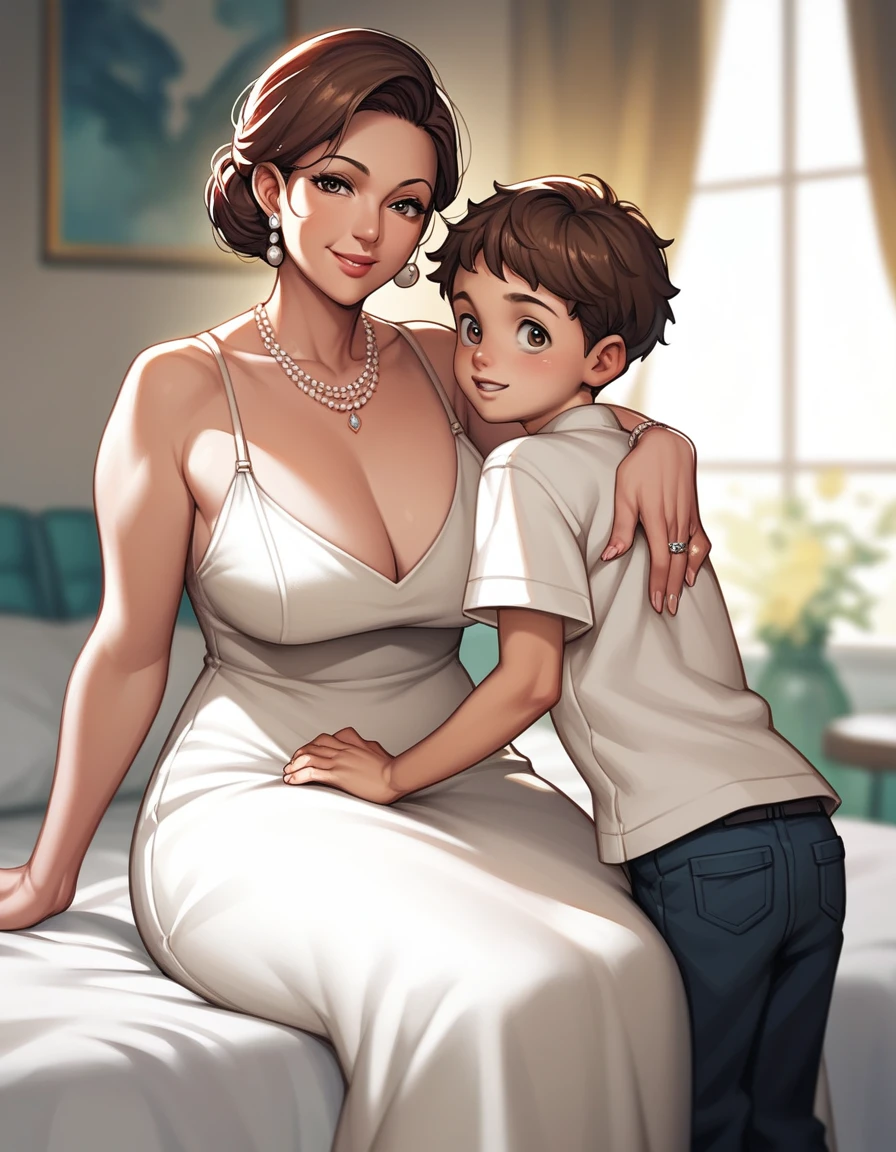 score_9, score_8_up, score_7_up, source_anime, 1boy, 1girl, mature female, mother and son, kid, smile, looking at viewer, The mother is sitting, son is clinging on mother, white dress, from behind, (focus on her hips)