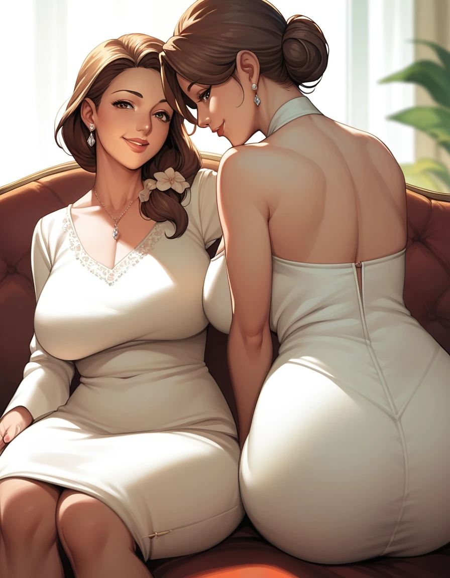 score_9, score_8_up, score_7_up, source_anime, 1boy, 1girl, mature female, mother and son, kid, smile, looking at viewer, The mother is sitting, son is clinging on mother, white dress, from behind, (focus on her hips)