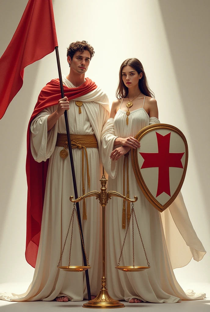 Male and female version of neutrality with white red and gold
Both of them are protector one with a banner with the red cross and the other a shield inspired by the red cross
Add the shield and a weighing scale ⚖️
Both of them are healers of the wounded