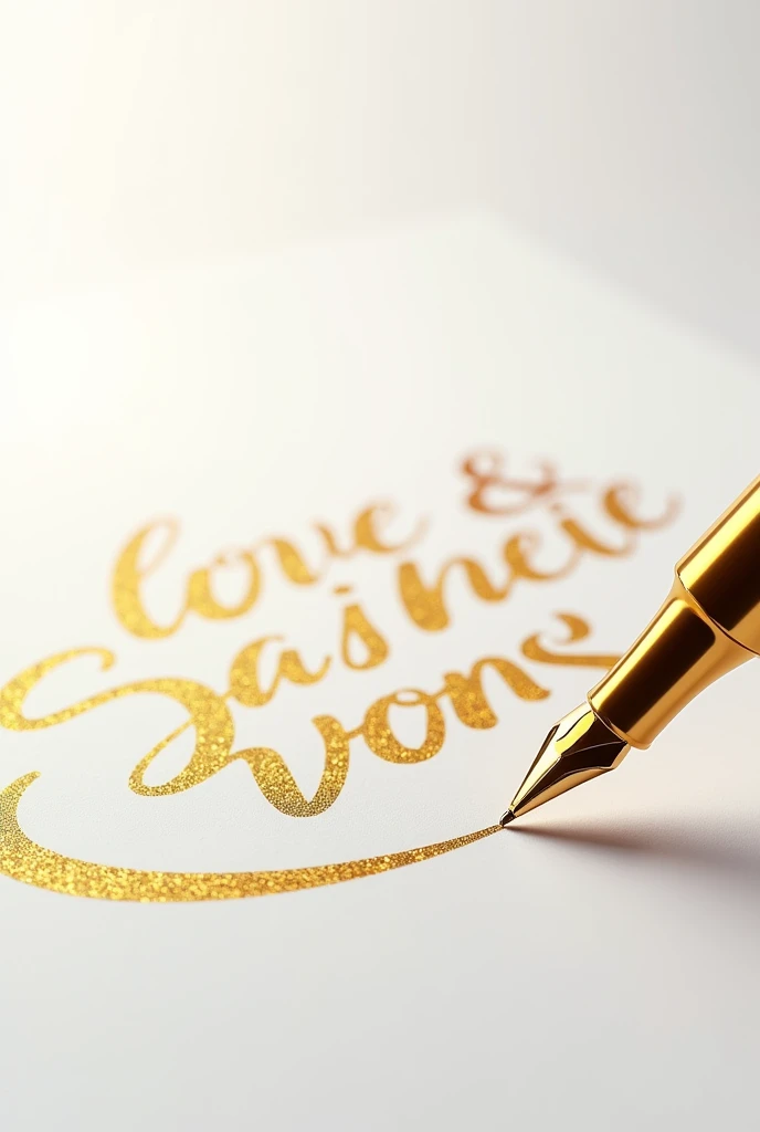 A pen , pen cap golden, pen writing golden colour, drowning page white,
,