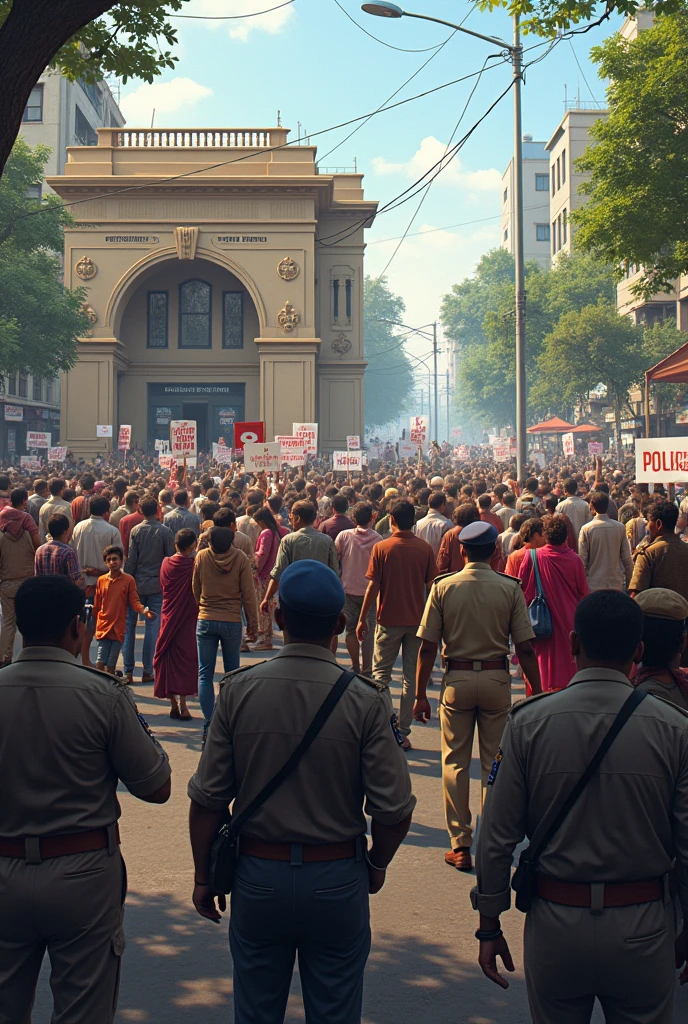 Group of indian people protest against crime near police station, police barricade them