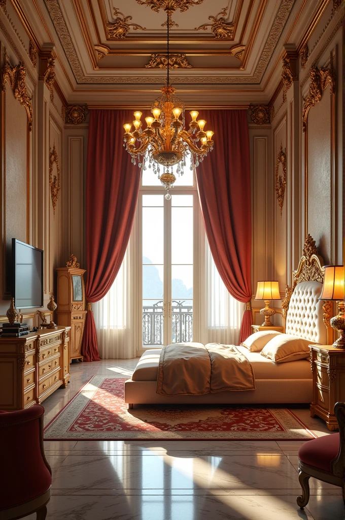 Royal and luxurious interior spacious bedroom for cuple with royal furniture wardrobe bed dressing table lamp chandelier candle stands television