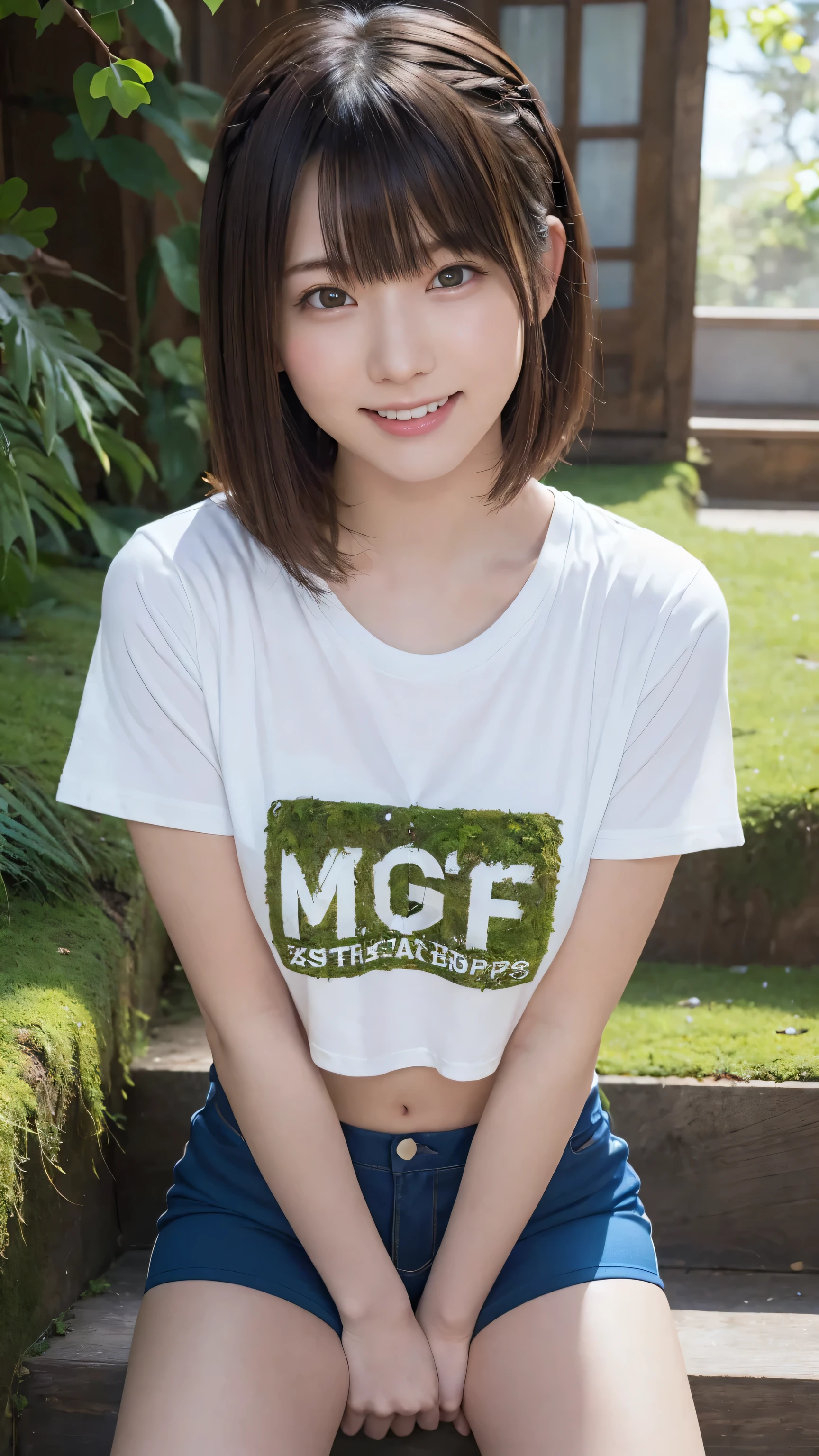 beautiful girl, (Cropped logo T-shirt:1.3, low-rise hot pants:1.3), (****:1.3), break, (Beautiful moss-covered stairs:1.2), break, Shy laugh, Very beautiful eyes, (Symmetrical eyes:1.3), break, (D cup Breasts:1.2), Brown eyes, Parted bangs, Brown plait hair:1.3, Round face, cute, break, (Eye and facial details:1.0), Spread your legs:1.3, Shooting from below, Pussy Line, Camel Toe, Looking into the camera, masterpiece, Highest quality, RAW Photos, Realistic, Cute people, Written boundary depth, High resolution, Very detailedな, In detail, Very detailed, Very detailed, Sharp pupils, Cinema Lighting