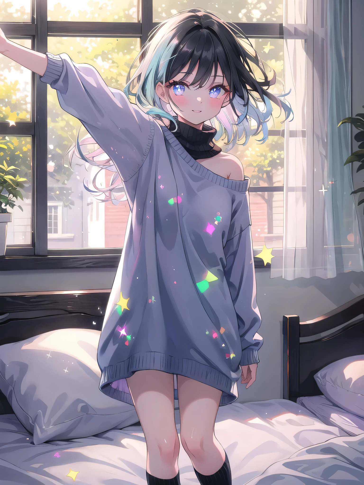 ((8k, Highest quality, masterpiece: 1.3)),Ultra-high resolution,(1 girl, alone), (Color changing eyes, Ultra-detailed, Expressive brilliance, Glitter, Glowing Eyes), Highly detailed eyes, Highly detailed face, Random Hair, ((pastel colour)) The woman, with shoulder-length black hair, is standing by the bed, stretching after waking up. She’s wearing a soft, oversized sweater that falls just above her knees, with a pair of cozy socks. Her expression is relaxed, with her eyes closed and a small, peaceful smile on her lips as she enjoys the stretch. The bedroom is bathed in soft morning light, with the bed neatly made and a gentle breeze coming through the window, adding to the fresh, serene morning atmosphere.