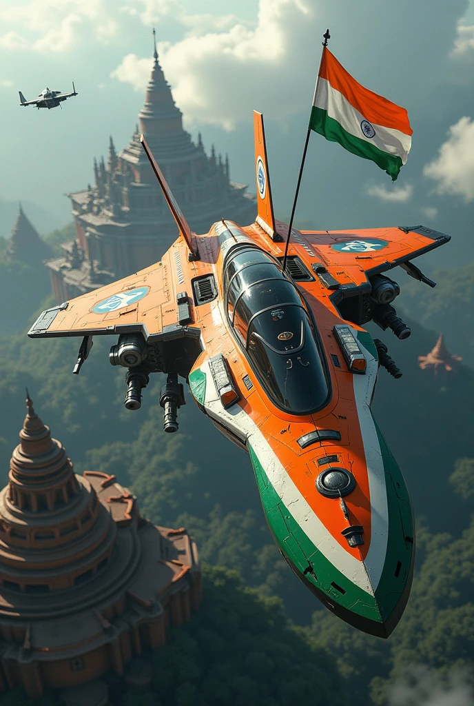Fighter ship with heavy weapons on indian flag