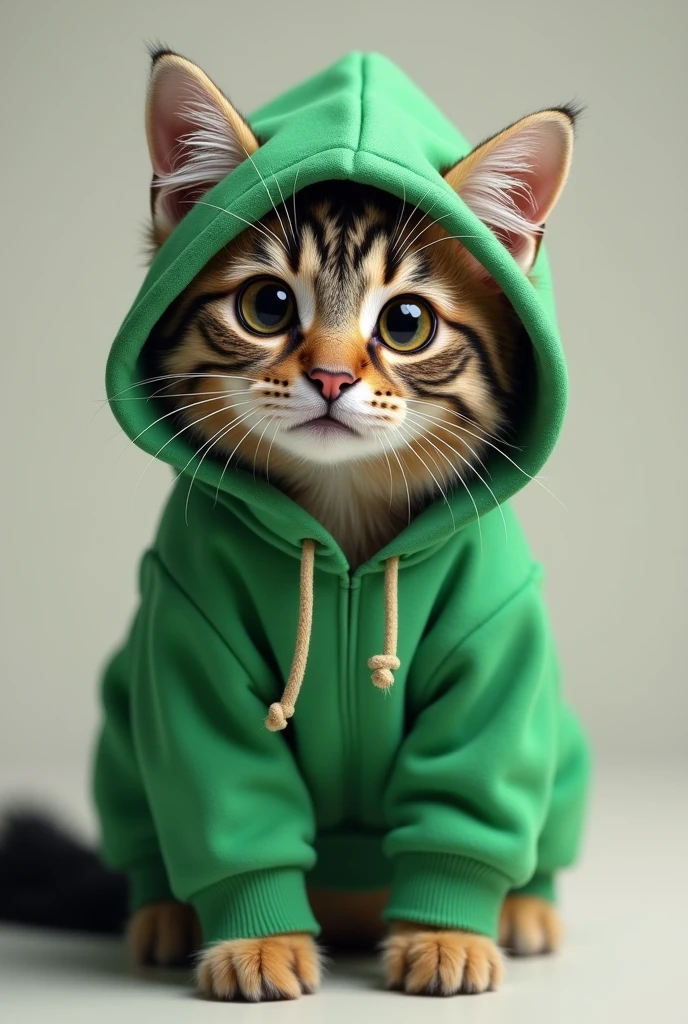 Cat wearing green hoodie