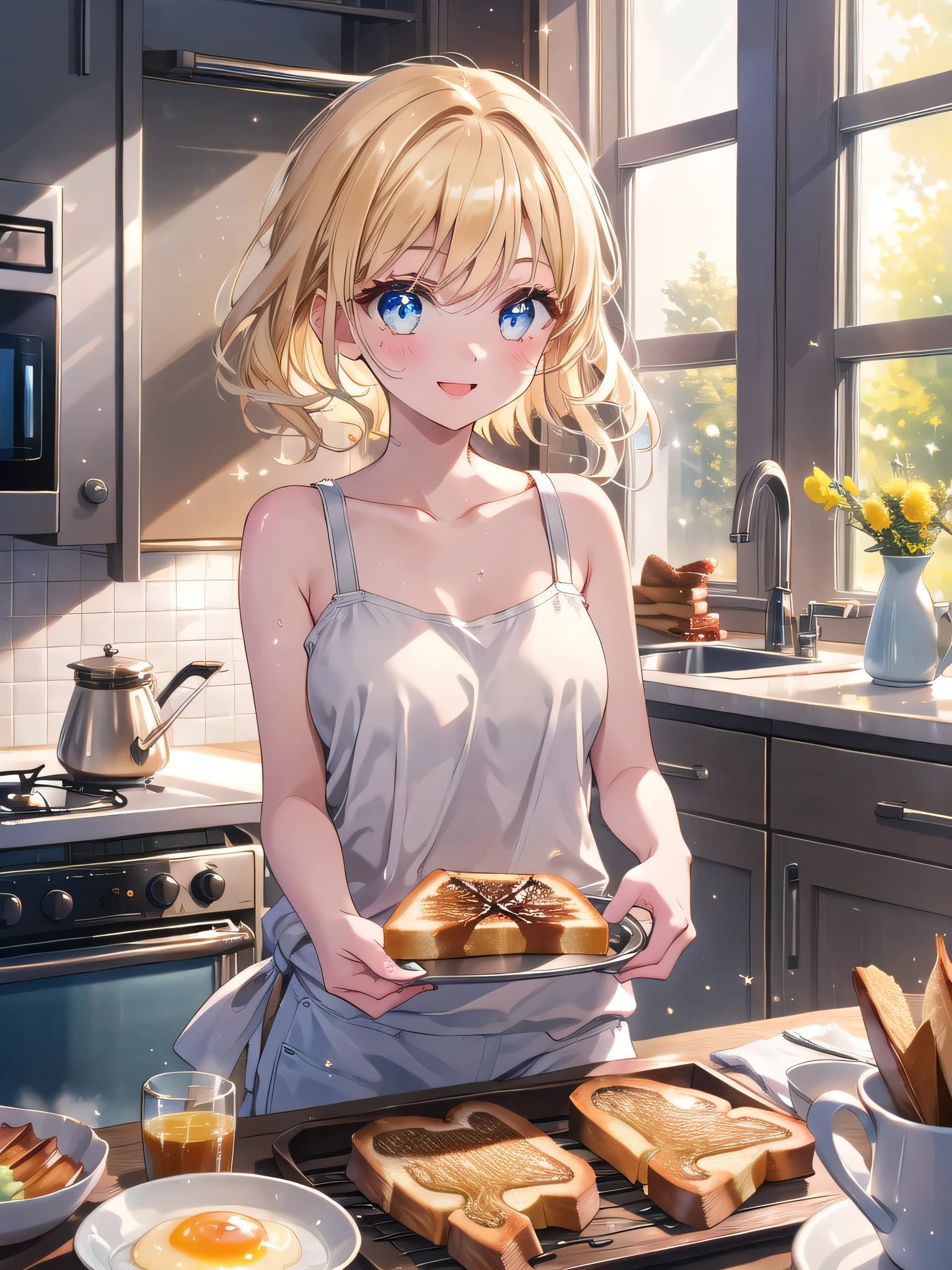 ((8k, Highest quality, masterpiece: 1.3)),Ultra-high resolution,(1 girl, alone), (Color changing eyes, Ultra-detailed, Expressive brilliance, Glitter, Glowing Eyes), Highly detailed eyes, Highly detailed face, Random Hair, ((pastel colour))A young woman with shoulder-length blonde hair, still slightly messy from sleep, is in the kitchen, preparing breakfast. She’s wearing a simple, white tank top and boyshorts, her expression focused yet gentle as she arranges toast, eggs, and juice on a tray. Her blue eyes occasionally flicker towards the camera with a loving, eager smile, as she thinks about surprising her partner. The kitchen is bathed in soft morning light, with the smell of coffee and toast filling the air, creating a warm, inviting scene of morning care.