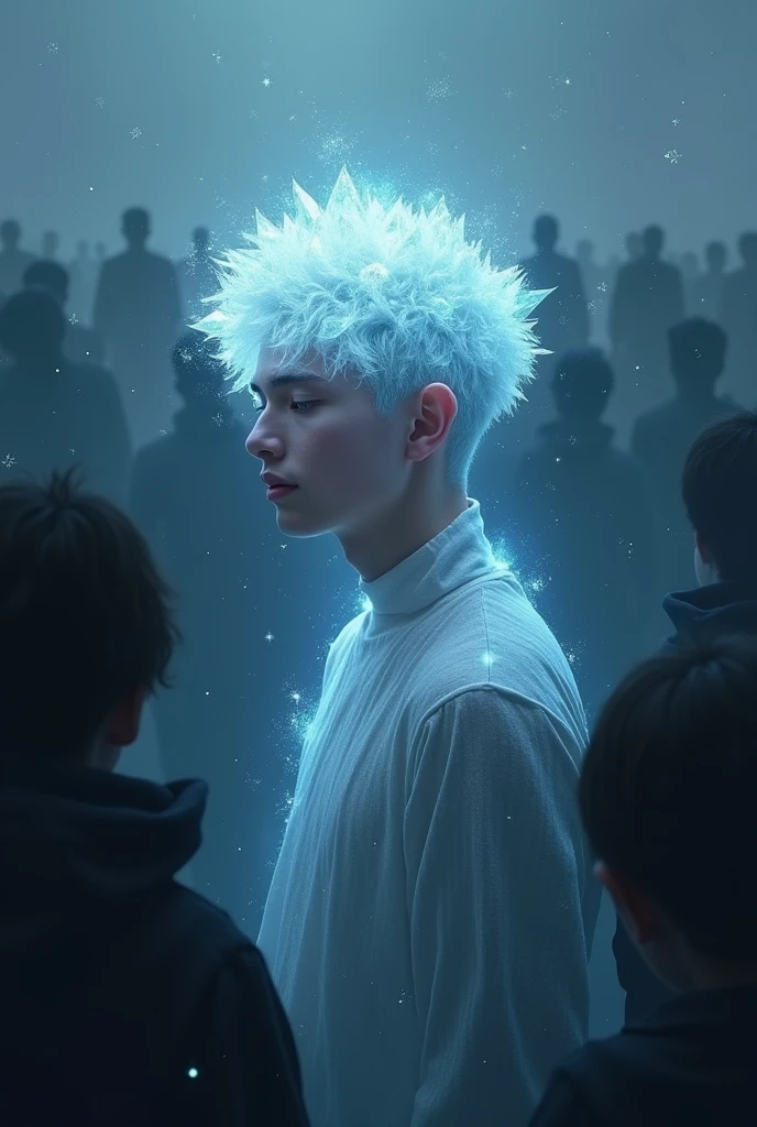 A young man, with hair, glowing like a crystal, he in the middle of millions people but only him has face glowing like a crsytal, he is faint smilling , those people surround him, but they are just like a shadow