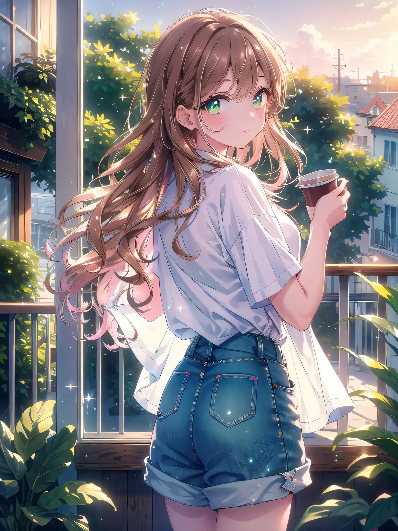 ((8k, Highest quality, masterpiece: 1.3)),Ultra-high resolution,(1 girl, alone), (Color changing eyes, Ultra-detailed, Expressive brilliance, Glitter, Glowing Eyes), Highly detailed eyes, Highly detailed face, Random Hair, ((pastel colour))A young woman with loose, wavy brown hair is standing on the balcony, sipping her morning coffee. She’s wearing a comfortable, white T-shirt tucked into high-waisted denim shorts. Her expression is peaceful, with a slight smile as she gazes out at the morning sky. The soft morning light illuminates the balcony, adorned with potted plants, creating a serene atmosphere. Her green eyes occasionally glance at the camera, inviting the viewer into her tranquil morning moment.